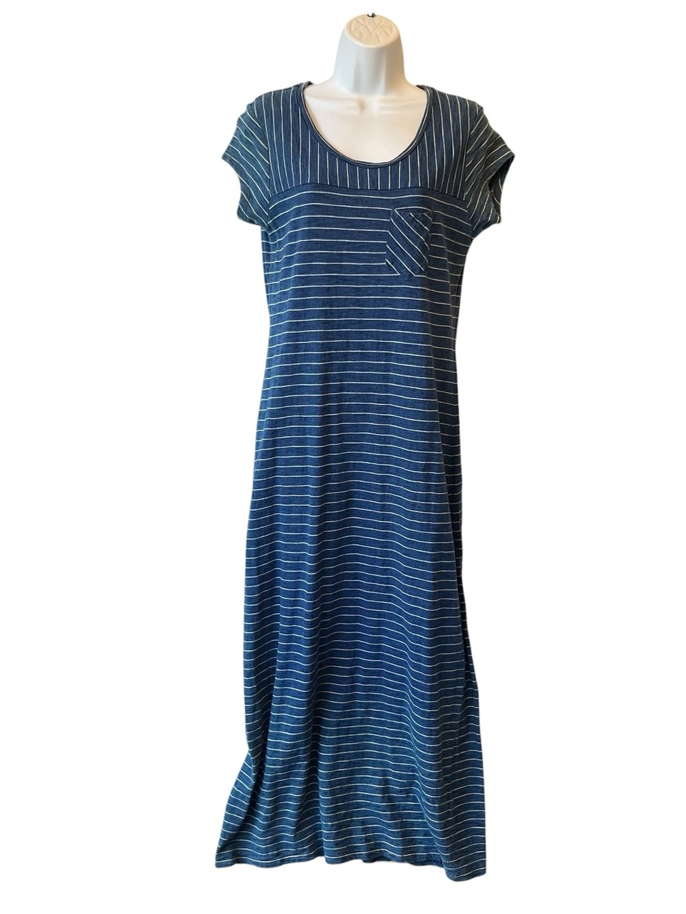 Orvis maxi dress Small Blue striped Short cap sleeves 100% Cotton Womens